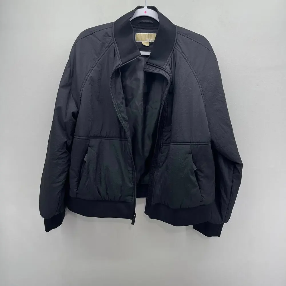 Michael Kors Bomber Jacket Womens‎ Large Black Black Nylon Full Zip Coat